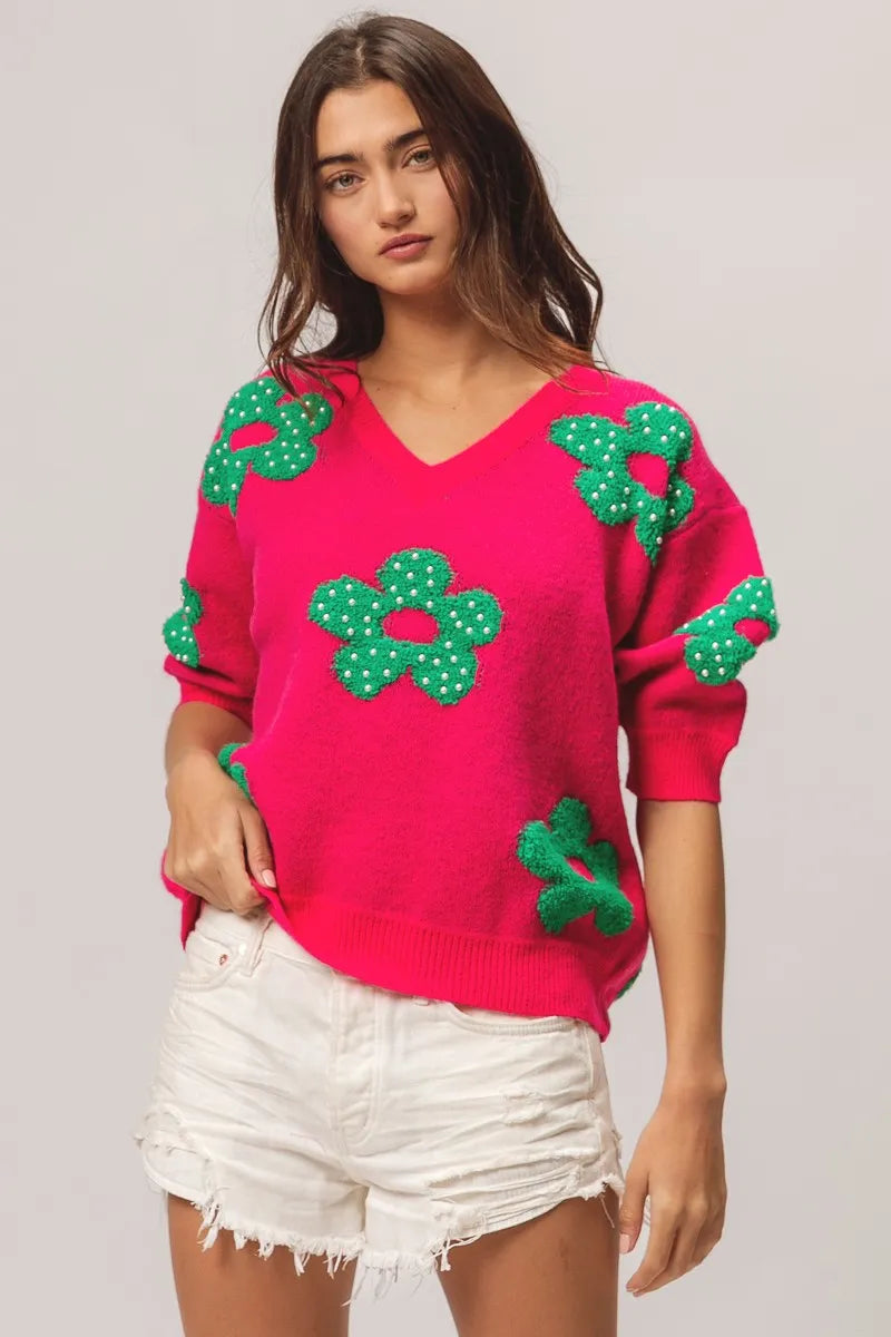 BiBi Pearl Beads Flowers Sweater Top OutfitFlow