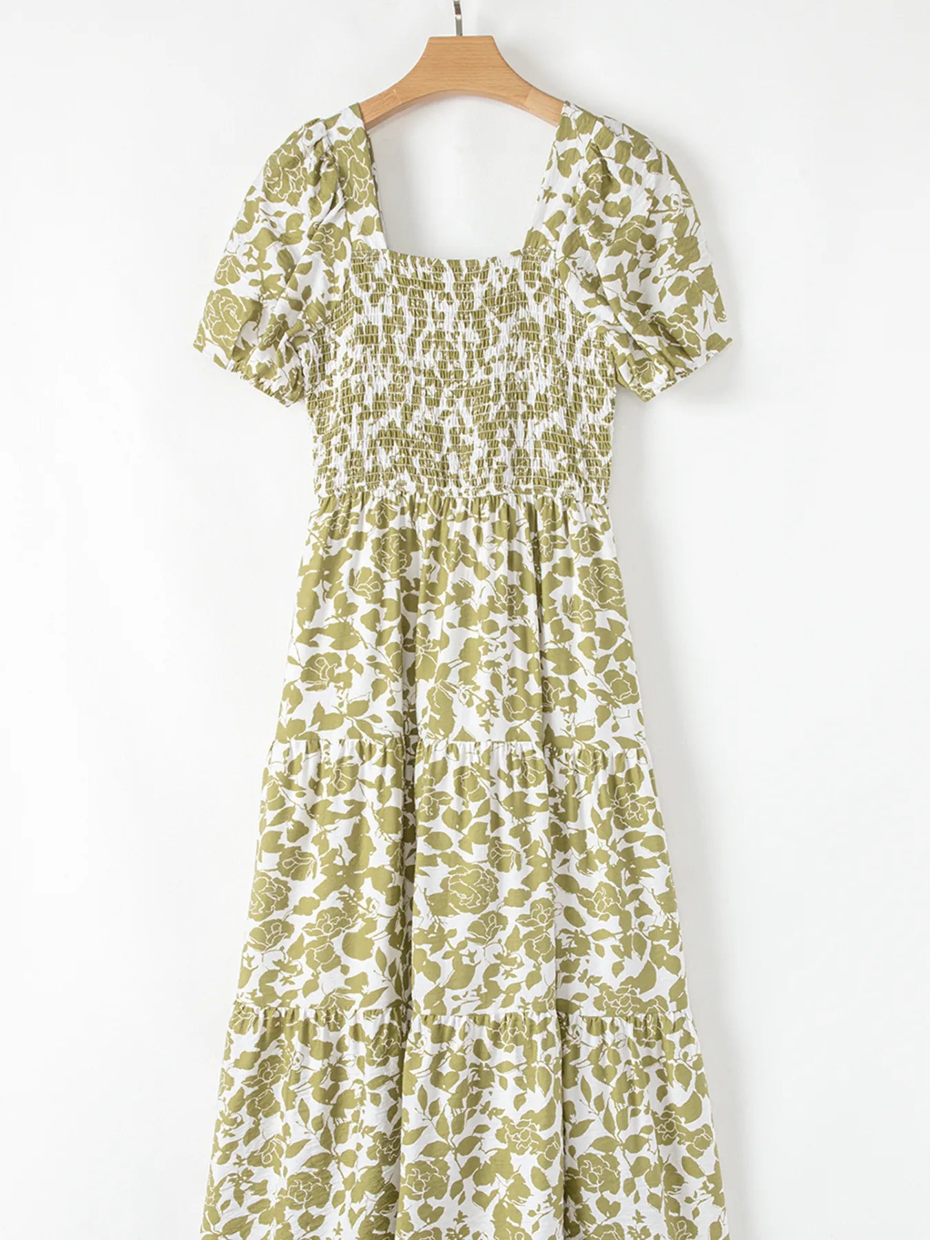 Boho Floral Square Neck Smocked Bust Puff Sleeve Tiered Dress OutfitFlow