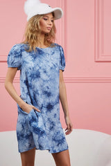 BiBi Puff Sleeve With Side Pockets Tie Dye Dress OutfitFlow