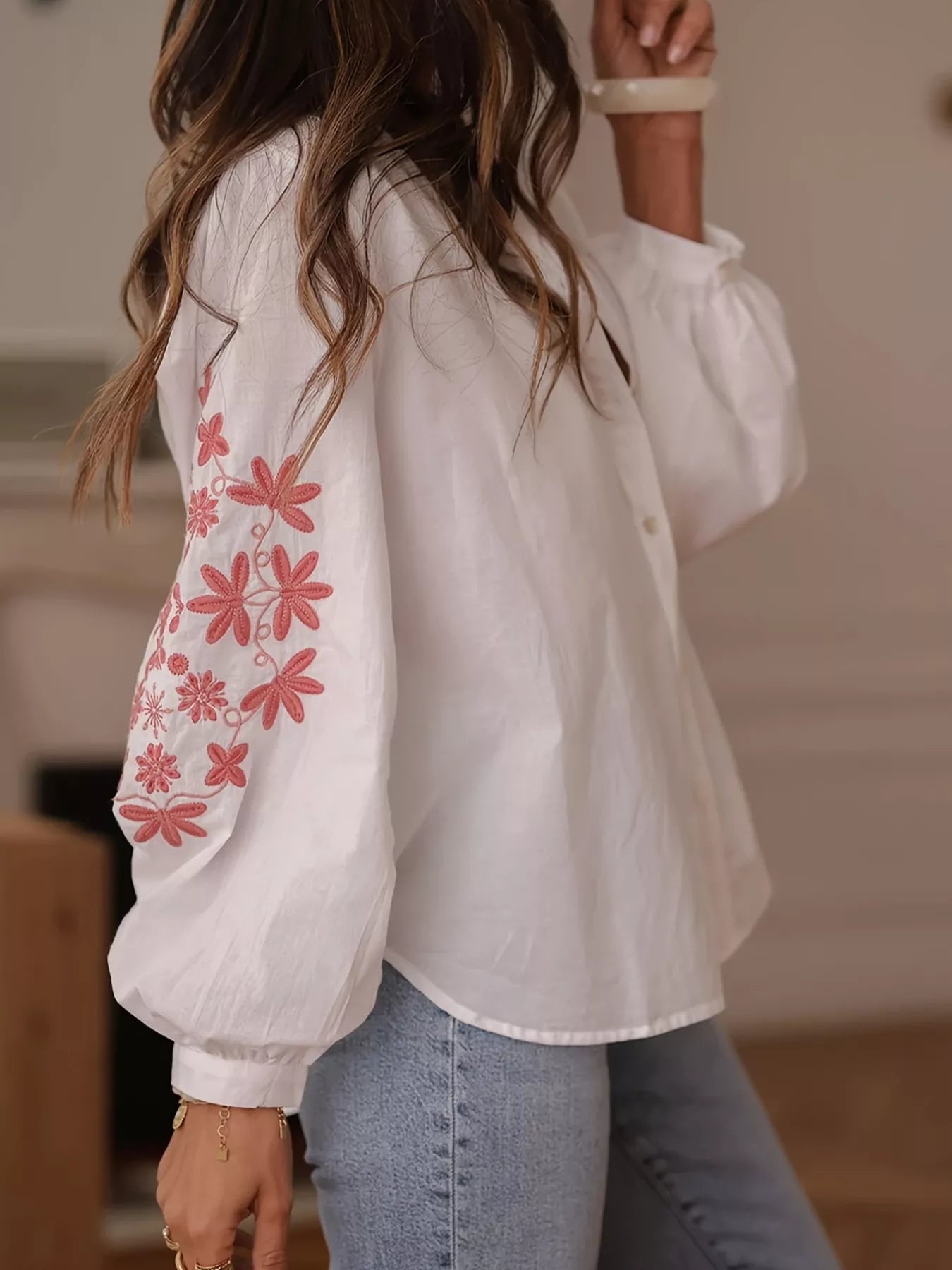 Embroidered Button Up Long Sleeve Shirt OutfitFlow