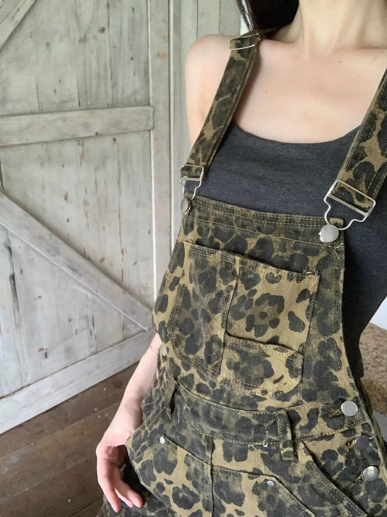 Leopard Print Denim Overall Dress OutfitFlow