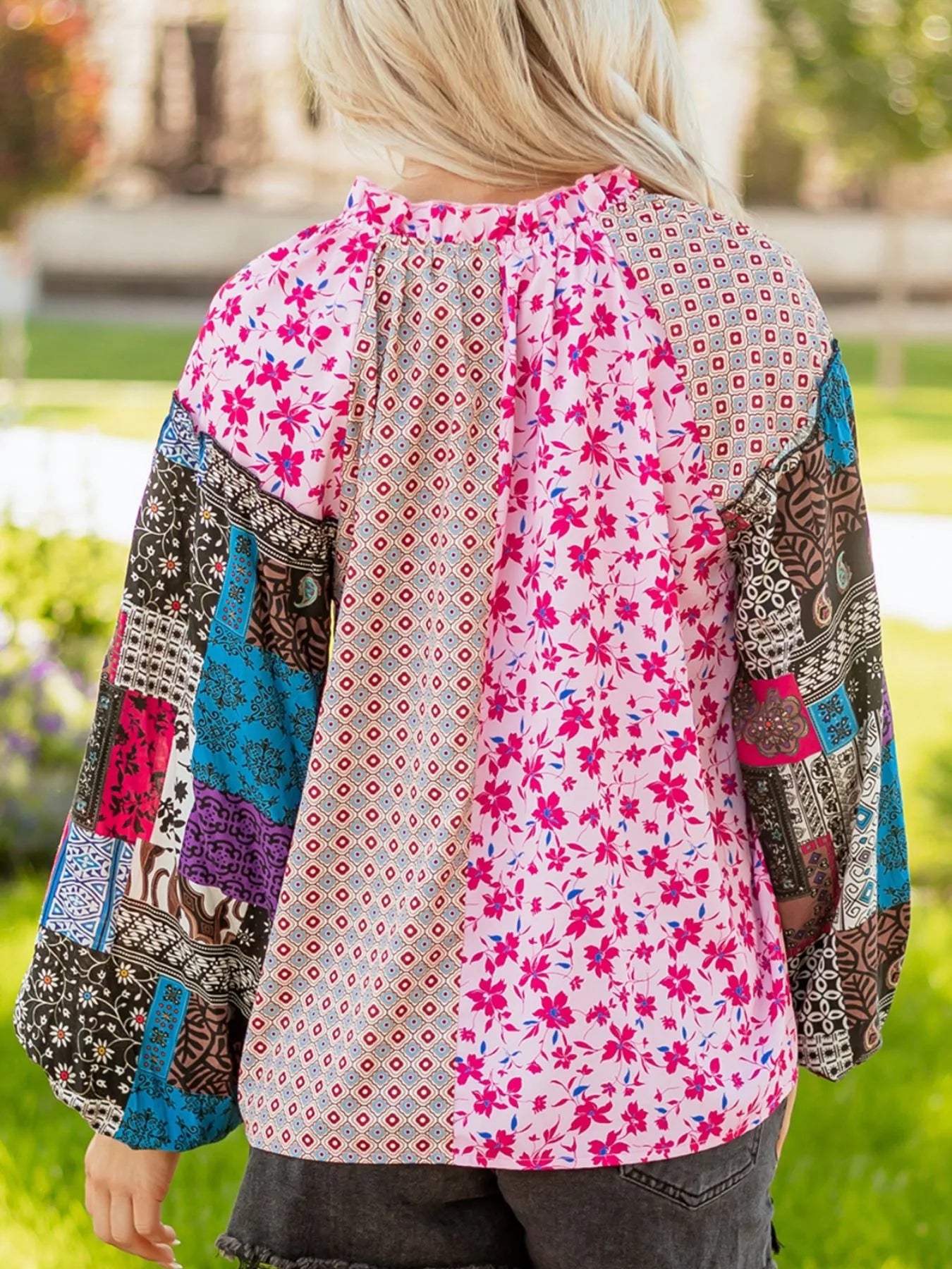 Boho Mixed Floral Drop Shoulder Bubble Sleeve Blouse OutfitFlow