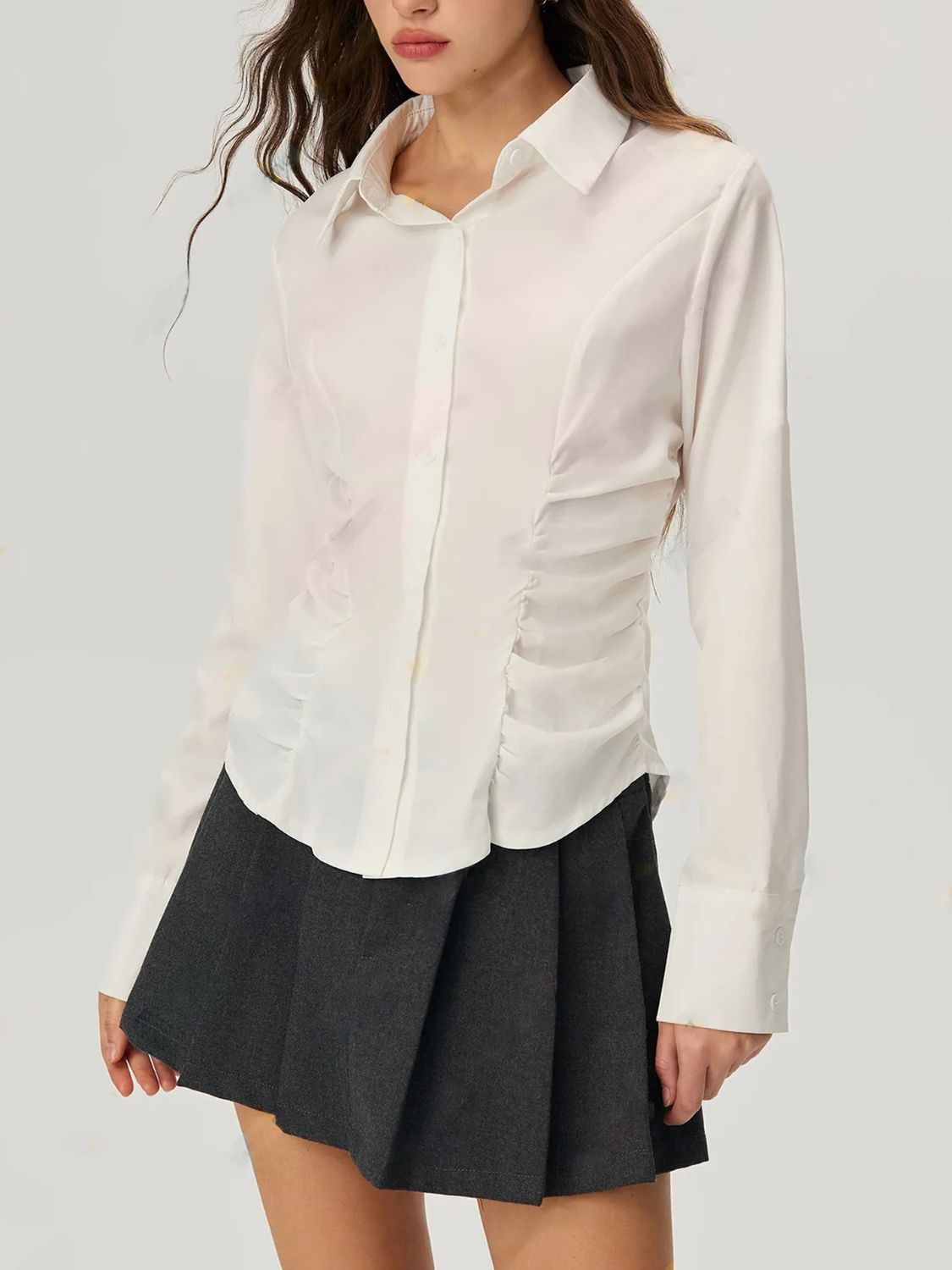 Outfit Flow - Ruched Button Down Long Sleeve Shirt