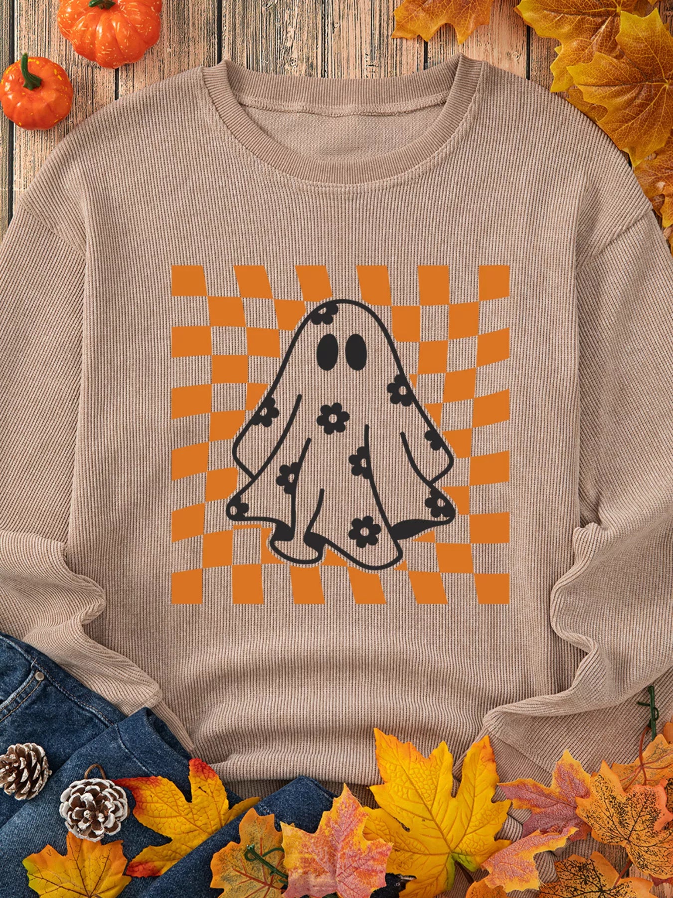Halloween Checkerboard Floral Ghost Graphic Corded Sweatshirt OutfitFlow