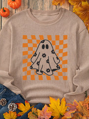 Halloween Checkerboard Floral Ghost Graphic Corded Sweatshirt OutfitFlow