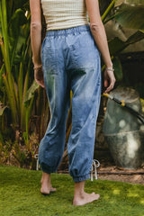 BiBi Striped Tape Details With Bot Tied Point Elastic Waist Jeans OutfitFlow