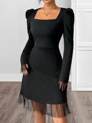 Square Neck Puff Sleeve Mesh Hem Dress OutfitFlow