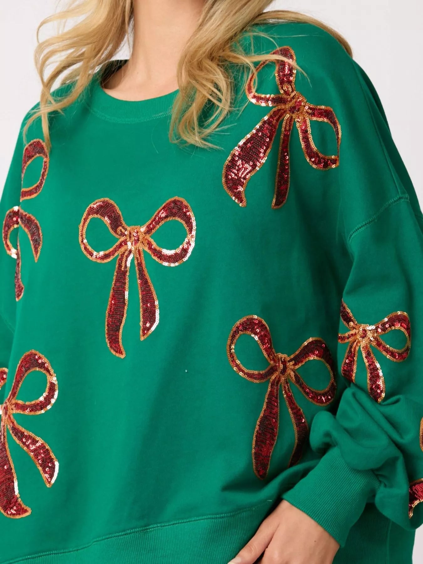 Christmas Sequin Bow Round Neck Sweatshirt OutfitFlow