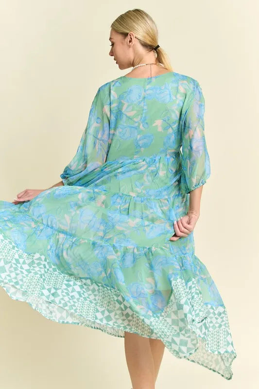 Davi & Dani Geo and Floral Print Mixed Tiered Dress OutfitFlow