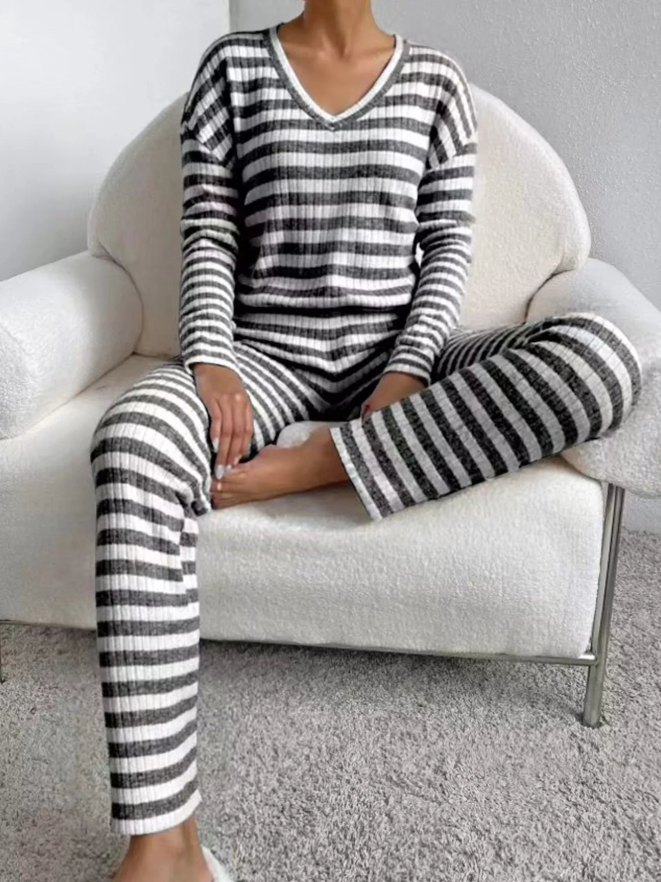 Striped Ribbed Knit Top and Pants Set OutfitFlow