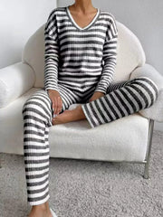 Striped Ribbed Knit Top and Pants Set OutfitFlow