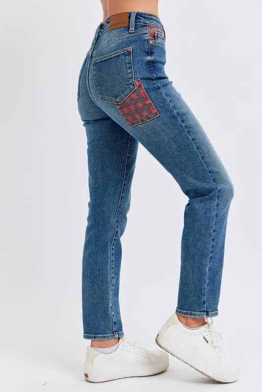 Judy Blue Full Size HW Plaid Patch Slim Fit Jeans Plus Size OutfitFlow