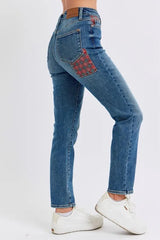 Judy Blue Full Size HW Plaid Patch Slim Fit Jeans Plus Size OutfitFlow