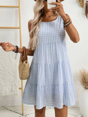 Plaid Round Neck Sleeveless Mini Dress Light Blue OutfitFlow