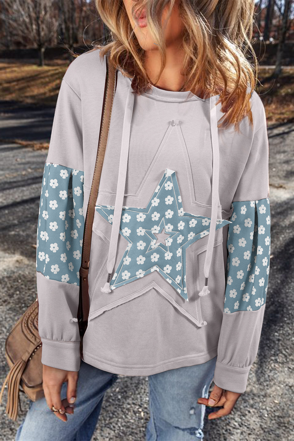 Outfit Flow - Floral Patchwork Star Pattern Drawstring Hoodie