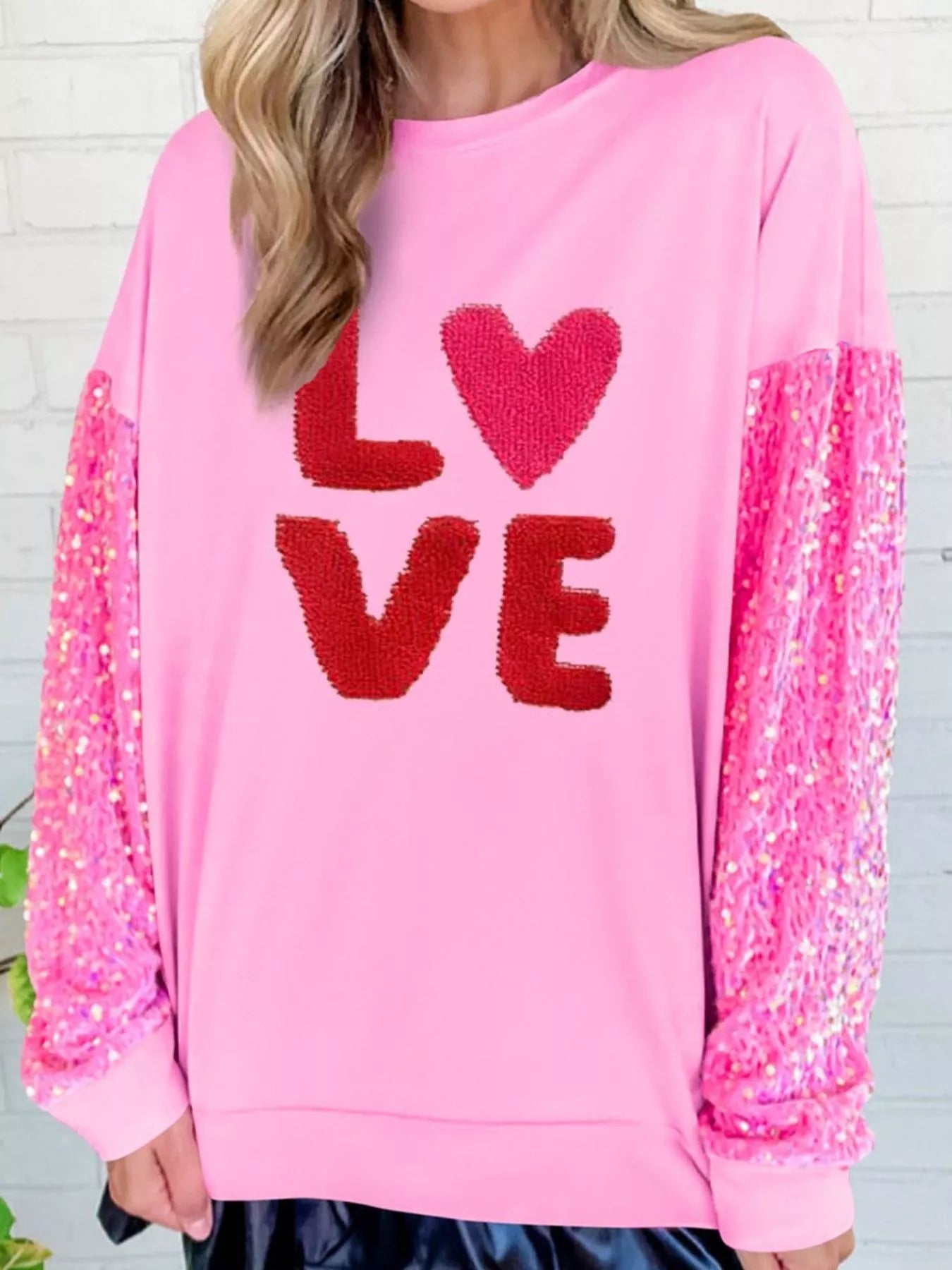Sequin Round Neck Long Sleeve Sweatshirt OutfitFlow