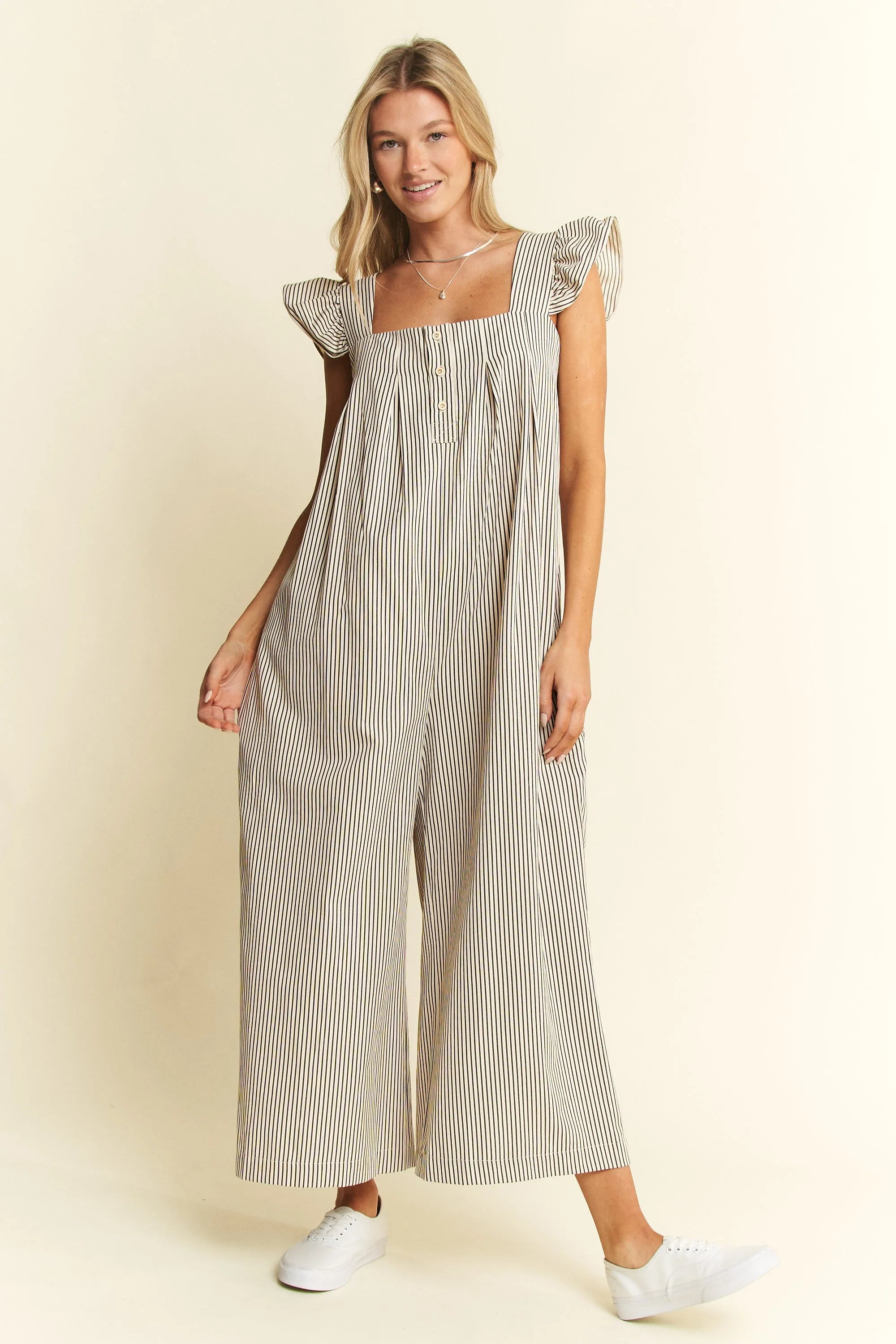 Jade By Jane Stripe Sleeveless Ruffle Jumpsuit OutfitFlow