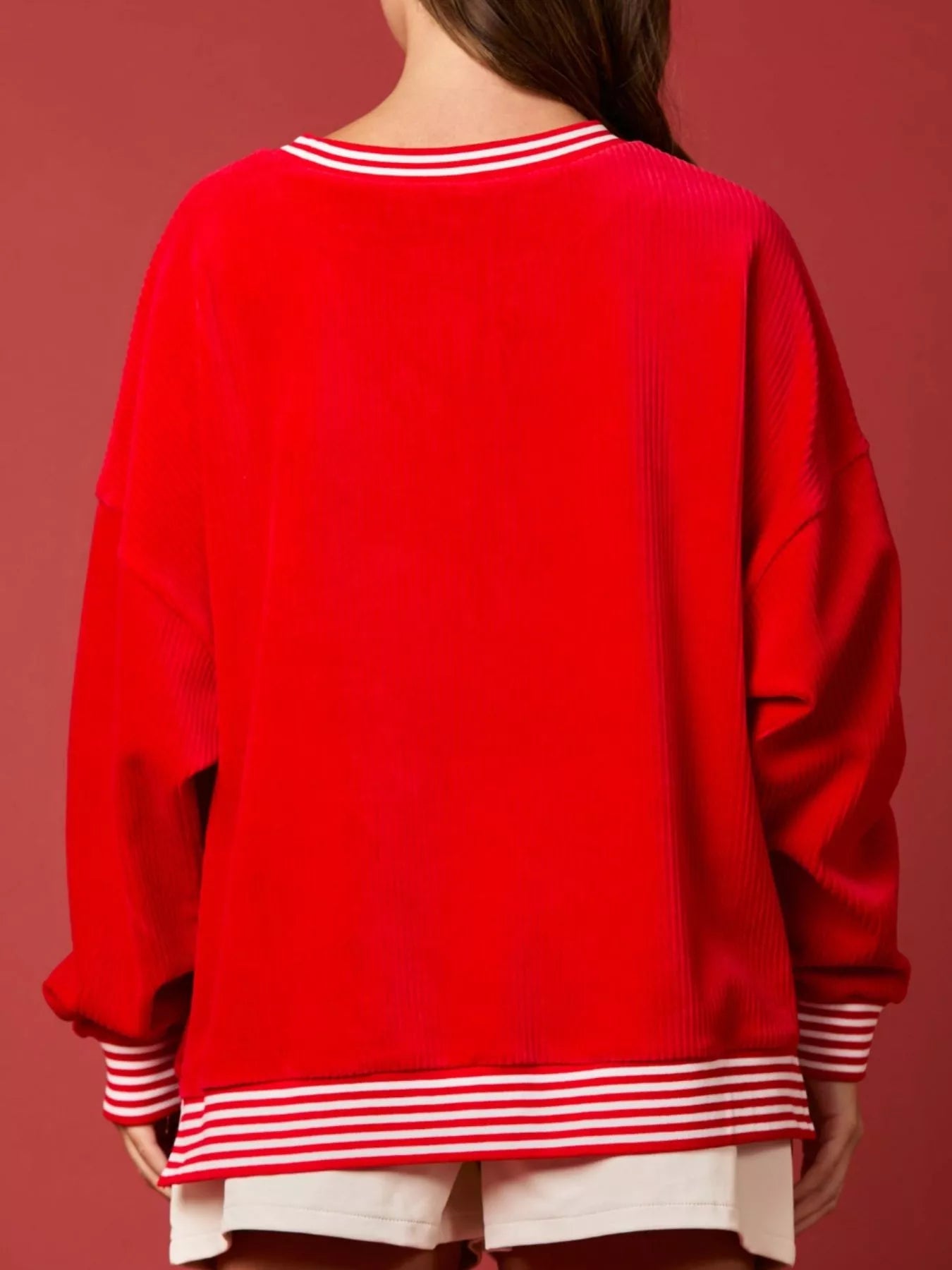 Christmas Sequin Candy Cane and Santa Sweatshirt with Striped Hem OutfitFlow