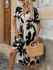 Printed Surplice Short Sleeve Midi Dress OutfitFlow
