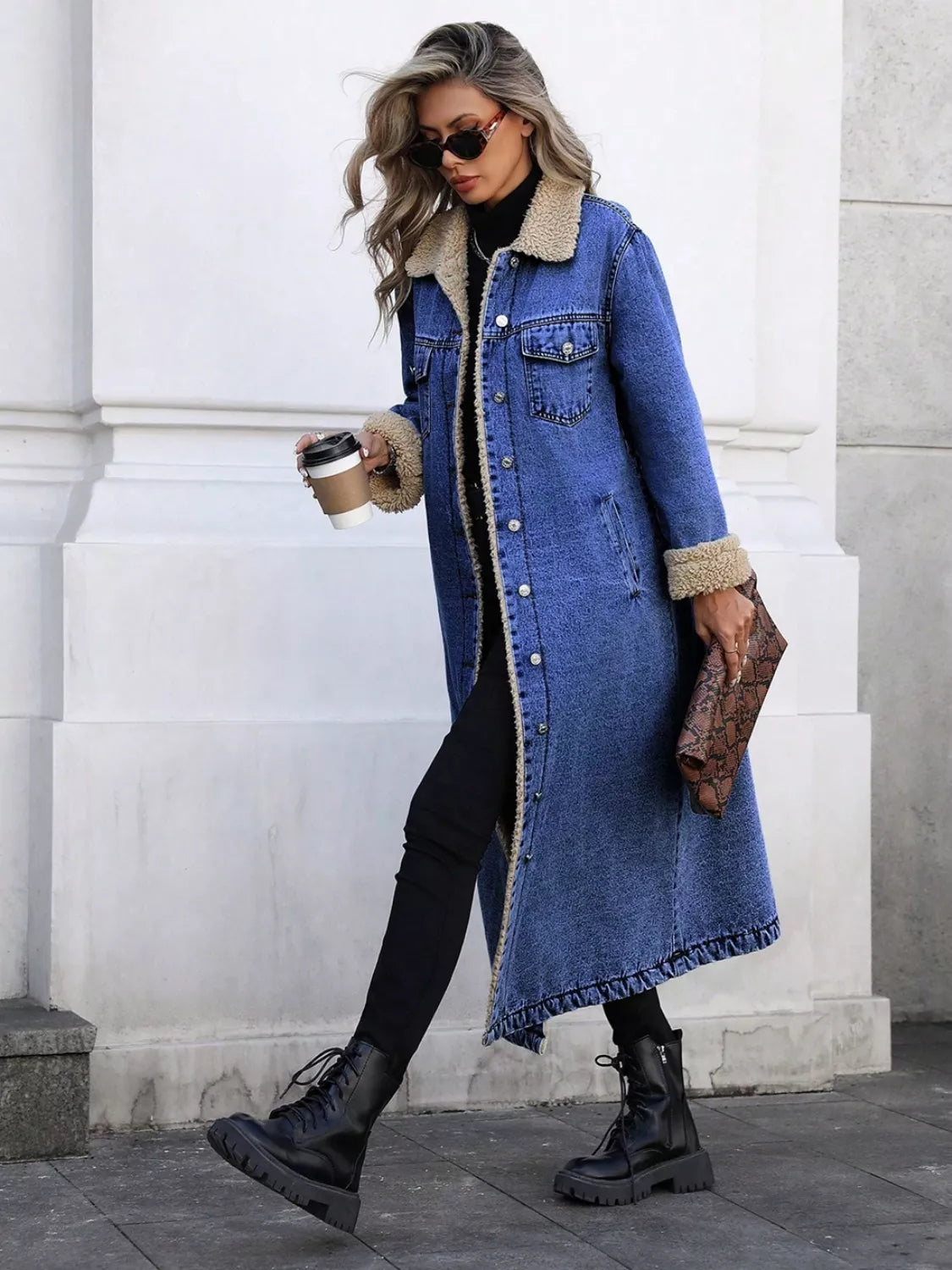 Sherpa Lined Longline Denim Jacket Royal Blue OutfitFlow