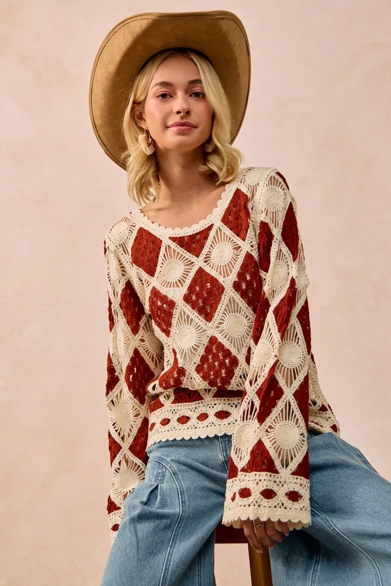 BiBi Diamond Crochet Knit Top BROWN OutfitFlow