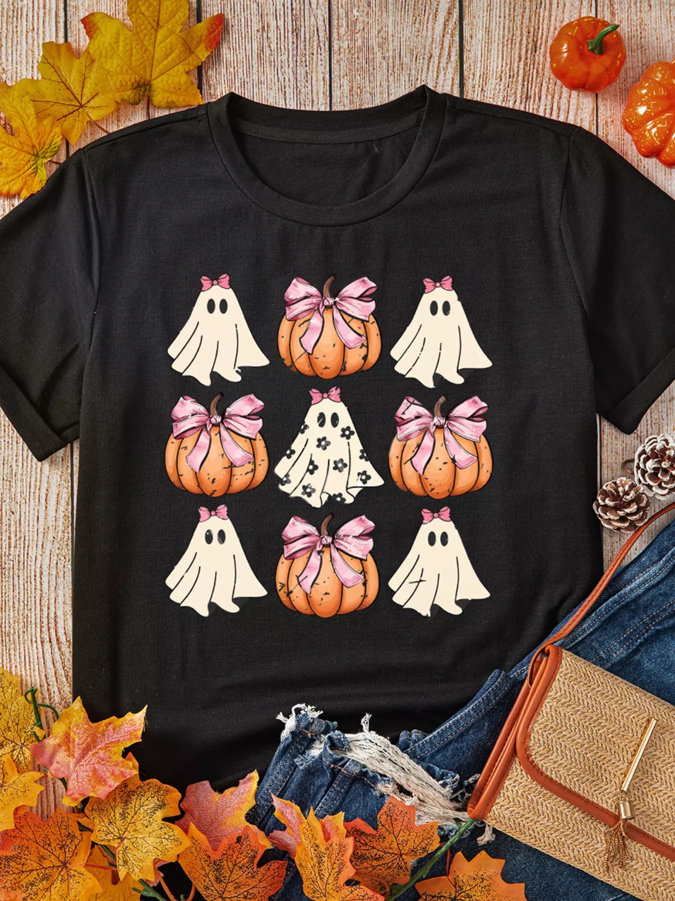 Halloween Bowknot Ghost Pumpkin Graphic T Shirt OutfitFlow