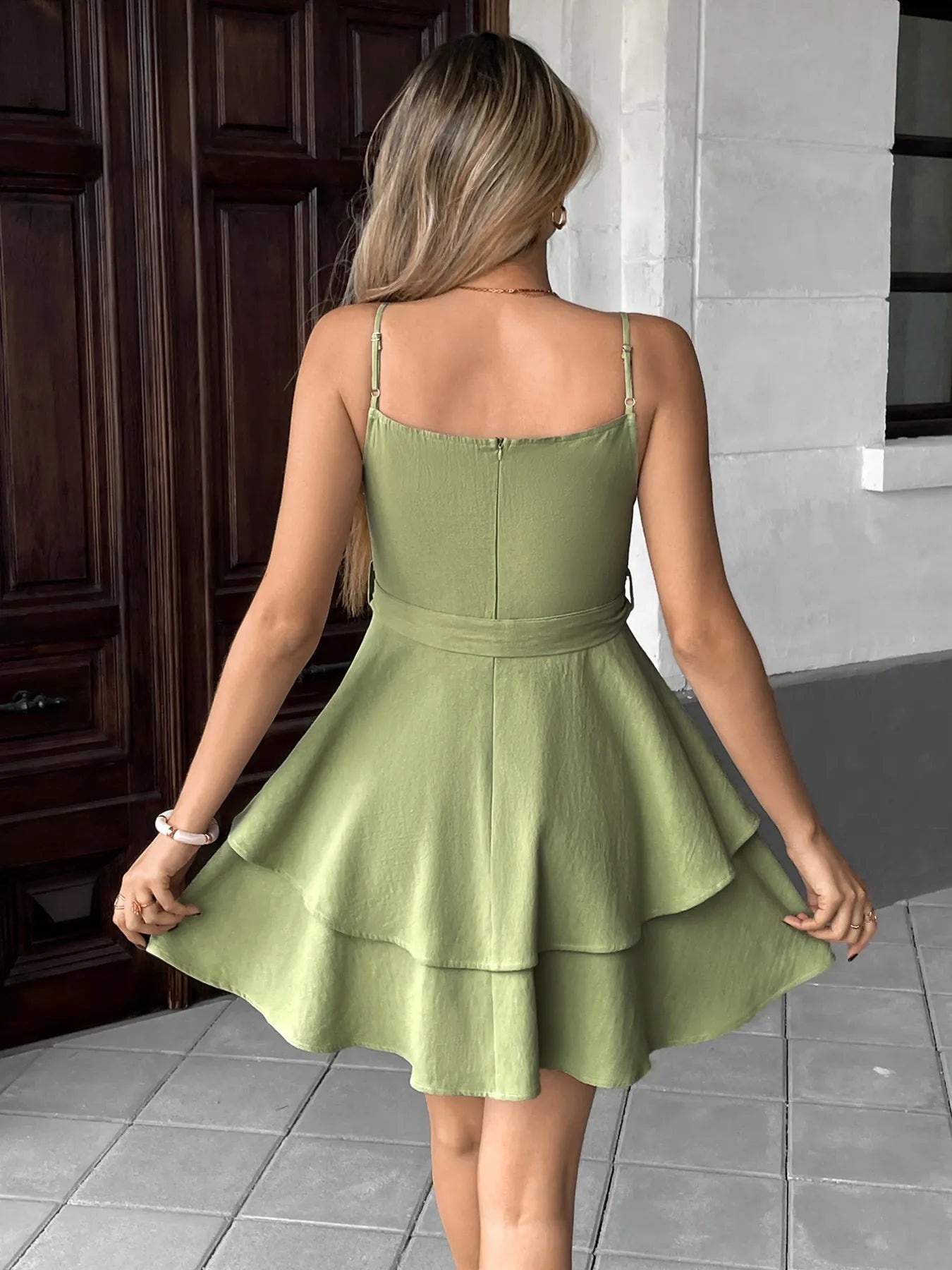 Ruffle Layered Cami Mini Dress with Bow Belt OutfitFlow