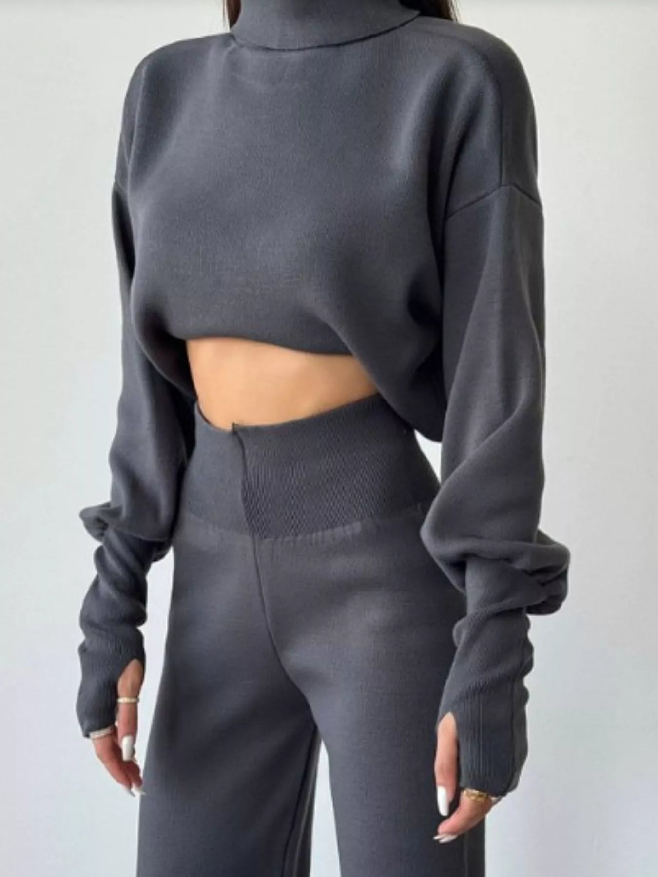 Turtleneck Long Sleeve Top & Pants Set OutfitFlow