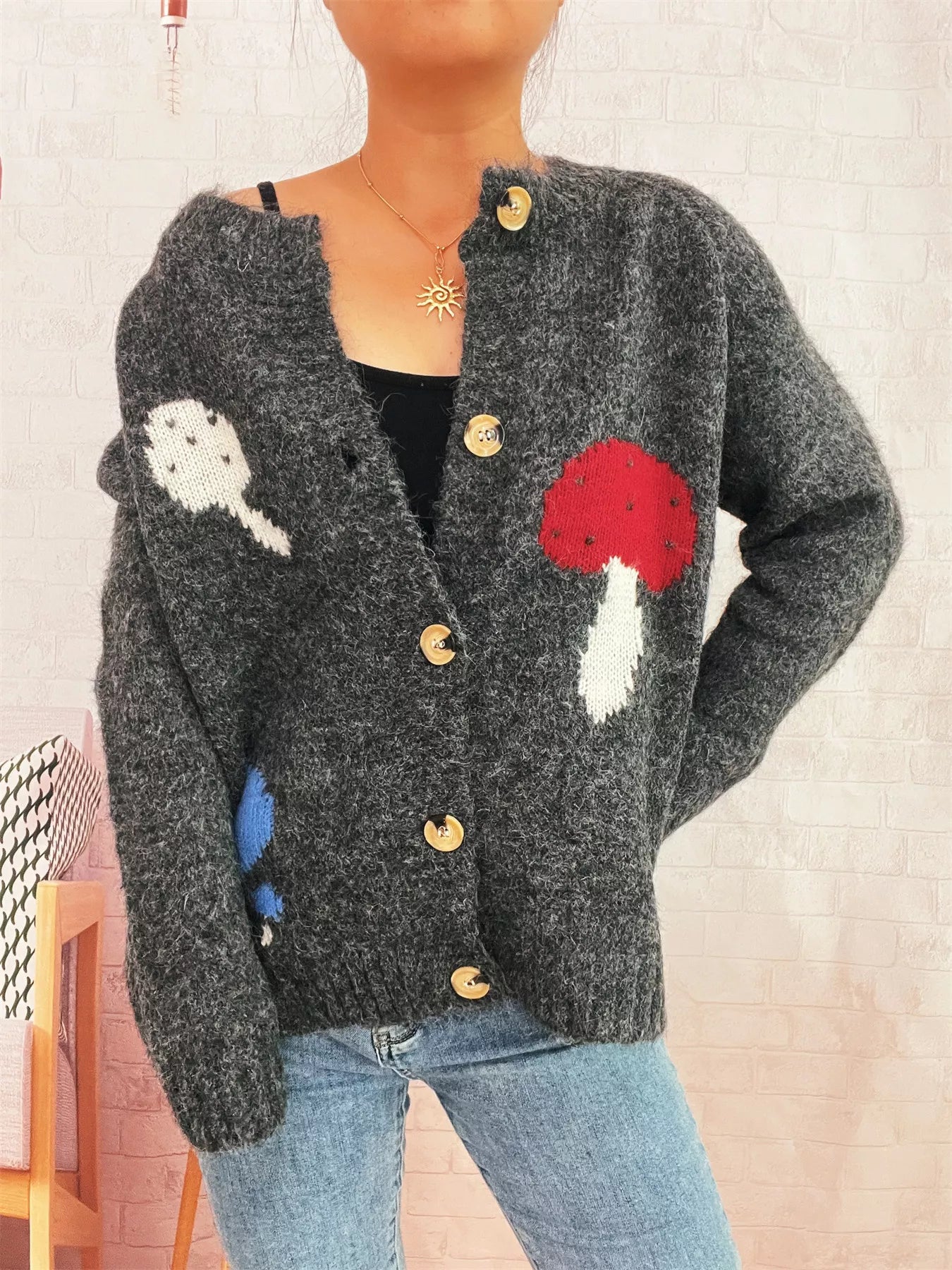 Mushroom Pattern Button-Up Cozy Knit Cardigan OutfitFlow