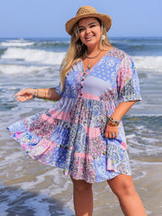 Plus Size Printed V-Neck Tiered Mini Dress Light Blue OutfitFlow