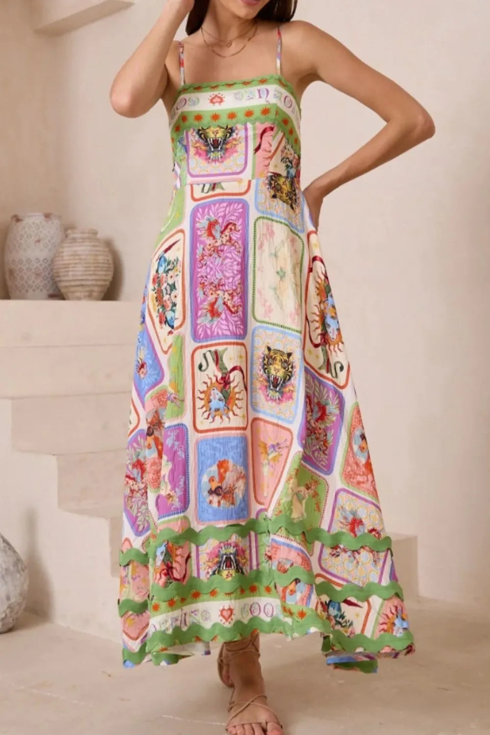 Smocked Printed Square Neck Cami Dress OutfitFlow