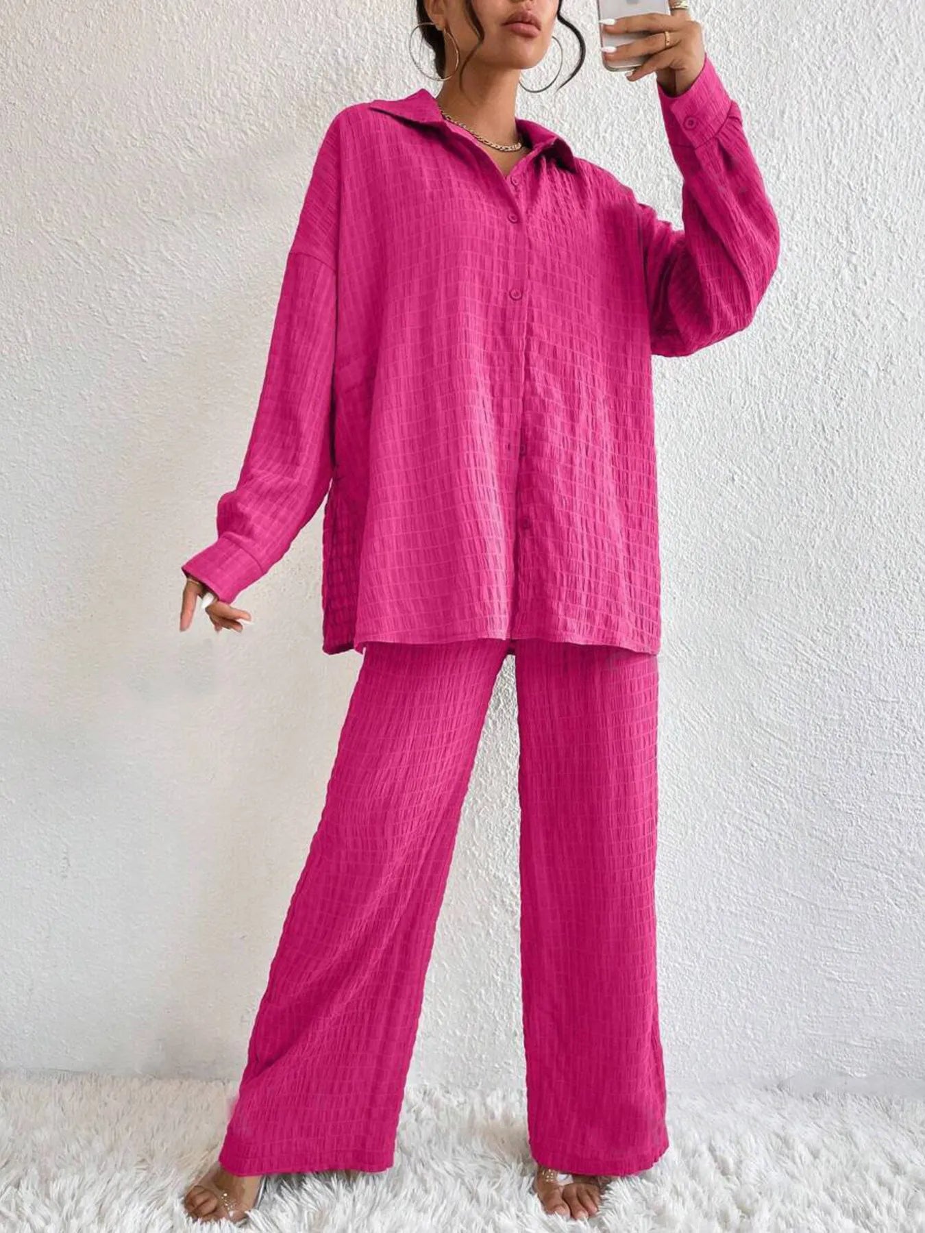 Button Up Long Sleeve Shirt and Pants Set OutfitFlow