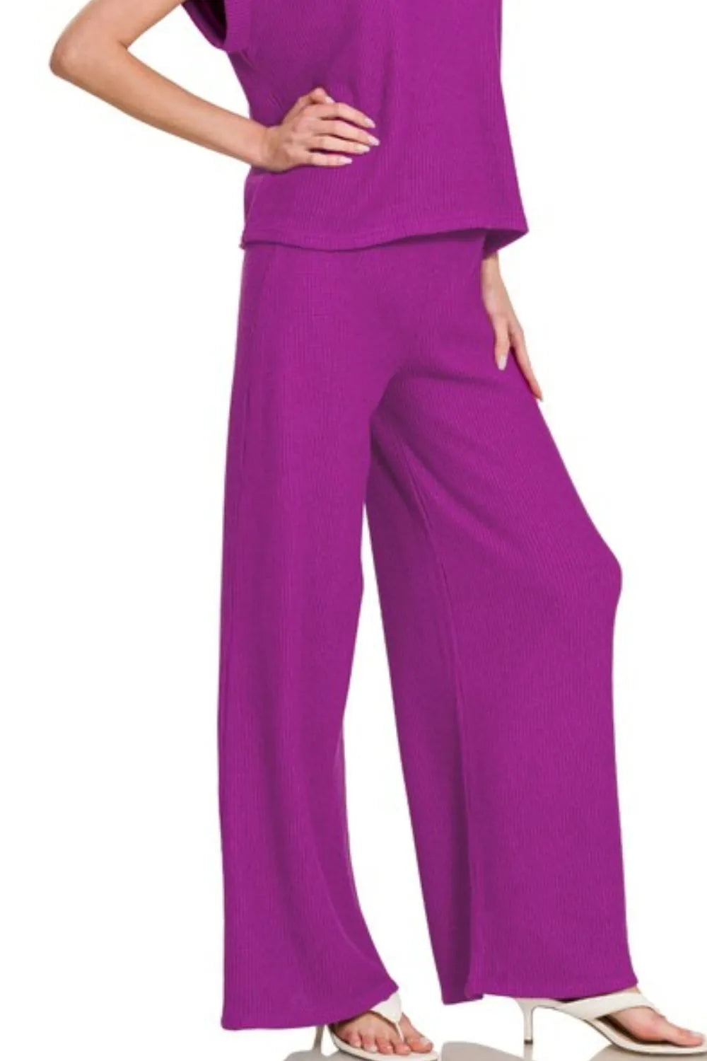 Zenana Rolled Sleeve Top and Pants Sweater Set OutfitFlow