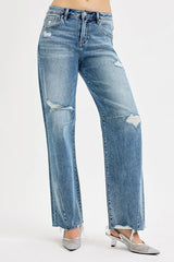 RISEN Full Size Mid Rise Fit Wide Baggy Leg Tie Washed Jeans Plus Size OutfitFlow