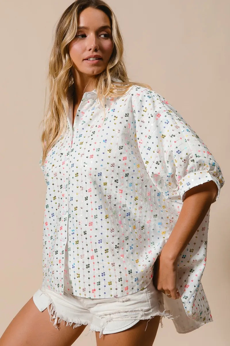 BiBi Sequin Striped Short Dolman Sleeve Blouse OutfitFlow