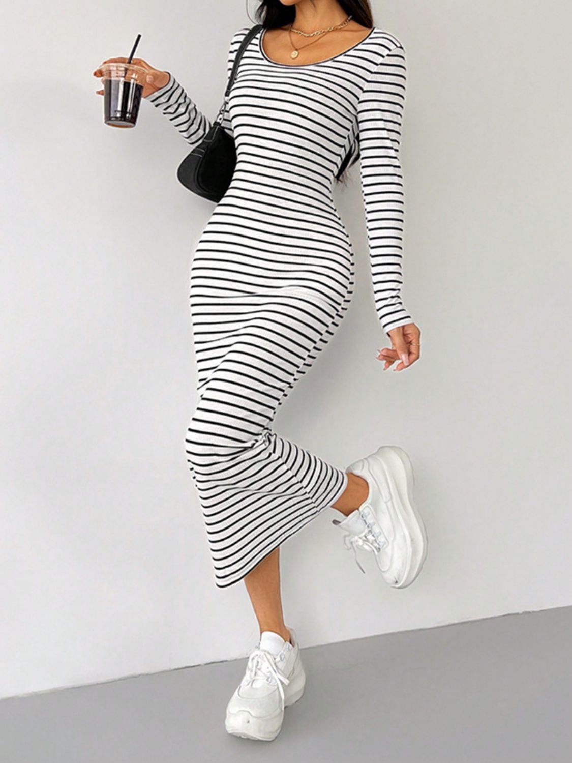 Outfit Flow - Striped Scoop Neck Long Sleeve Midi Tee Dress