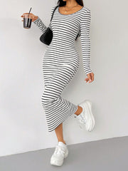 Outfit Flow - Striped Scoop Neck Long Sleeve Midi Tee Dress