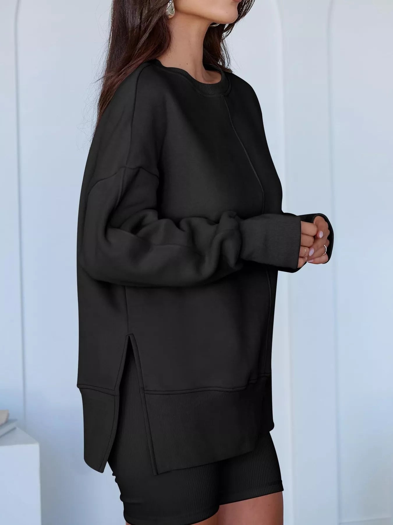 Side Slit Round Neck Long Sleeve Sweatshirt OutfitFlow