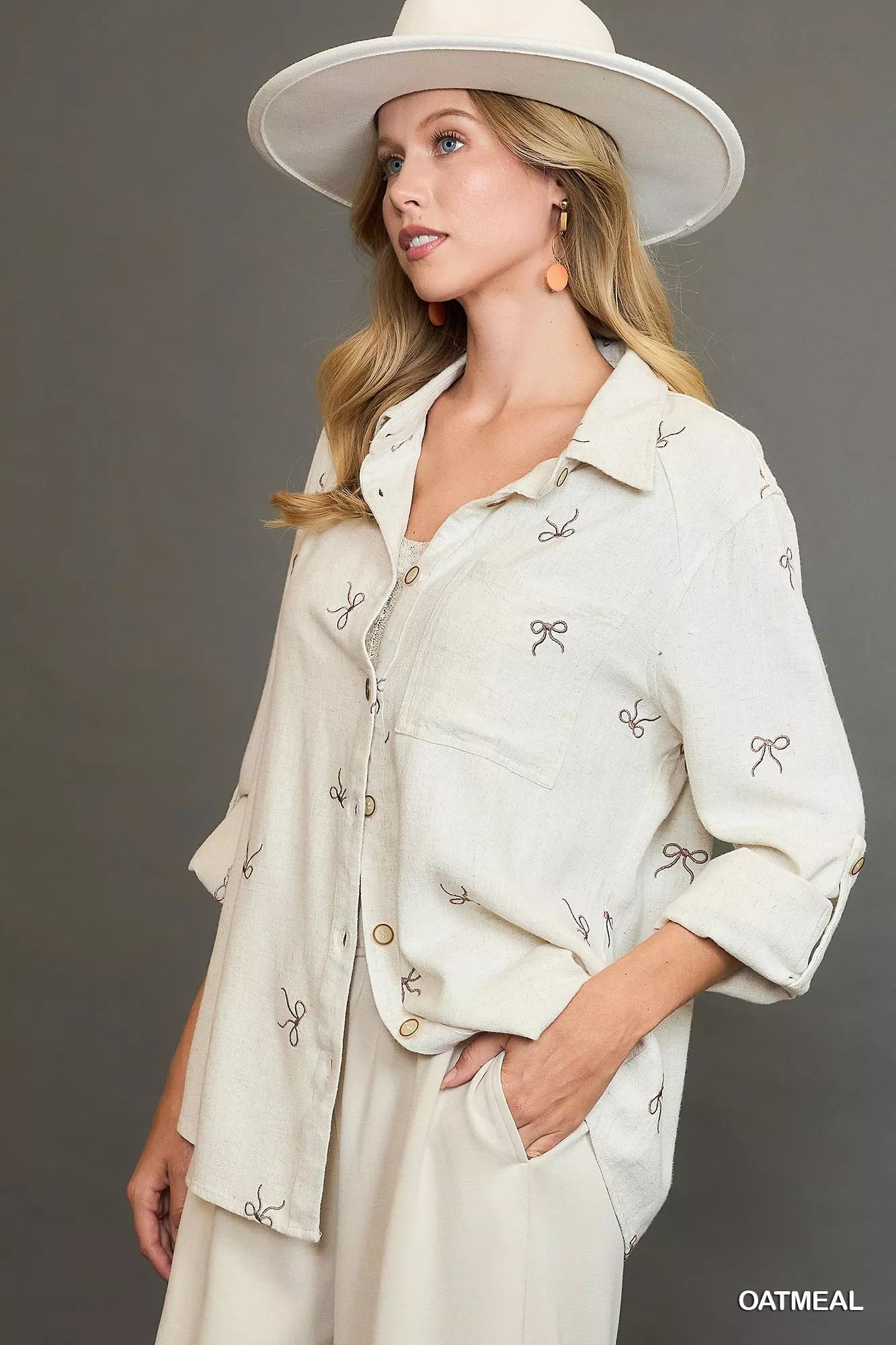 Umgee Linen Blend Fitted Shirt with Ribbon Embroidery Details Trendsi