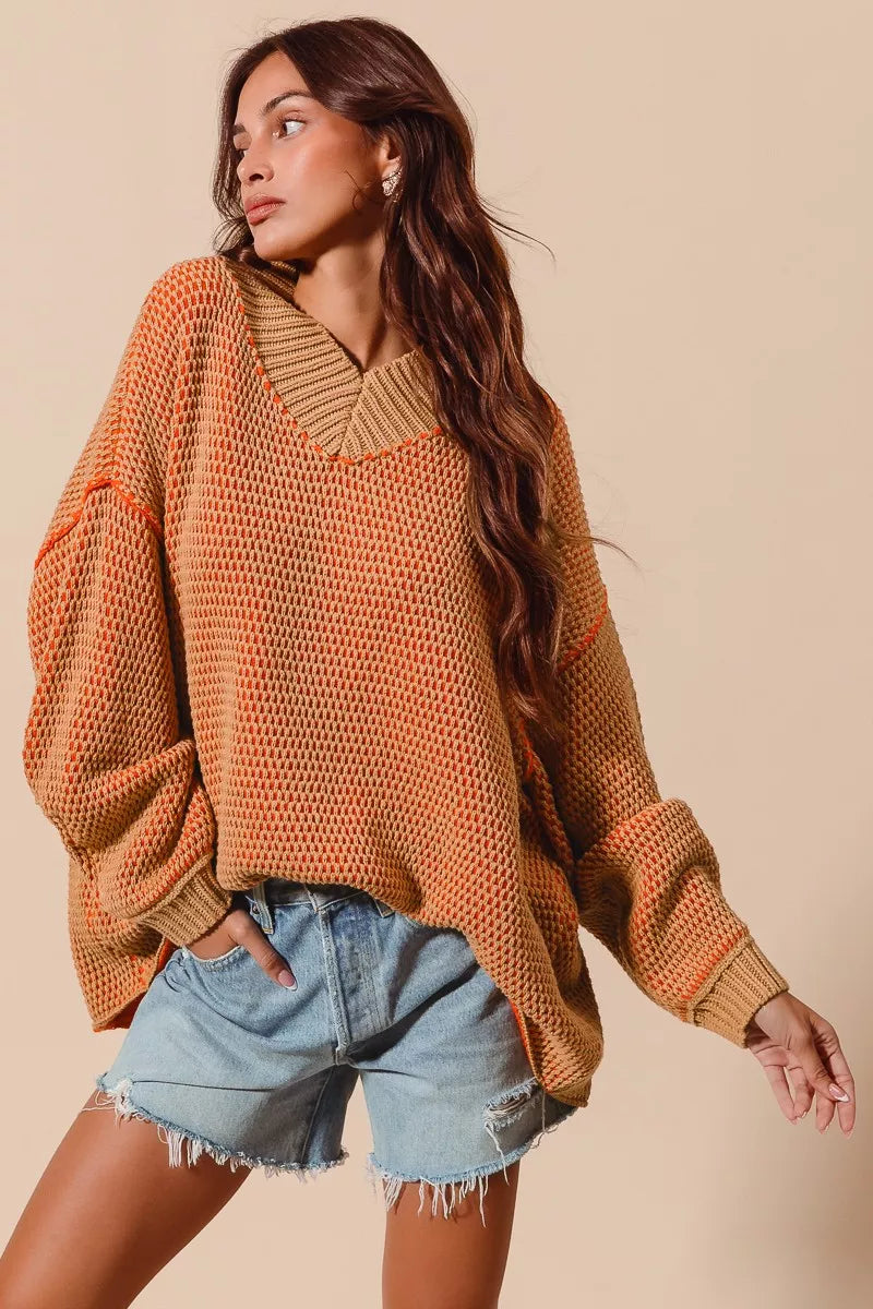 SO ME Oversized Two Tone Textured V Neck Sweater OutfitFlow