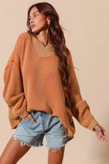 SO ME Oversized Two Tone Textured V Neck Sweater OutfitFlow
