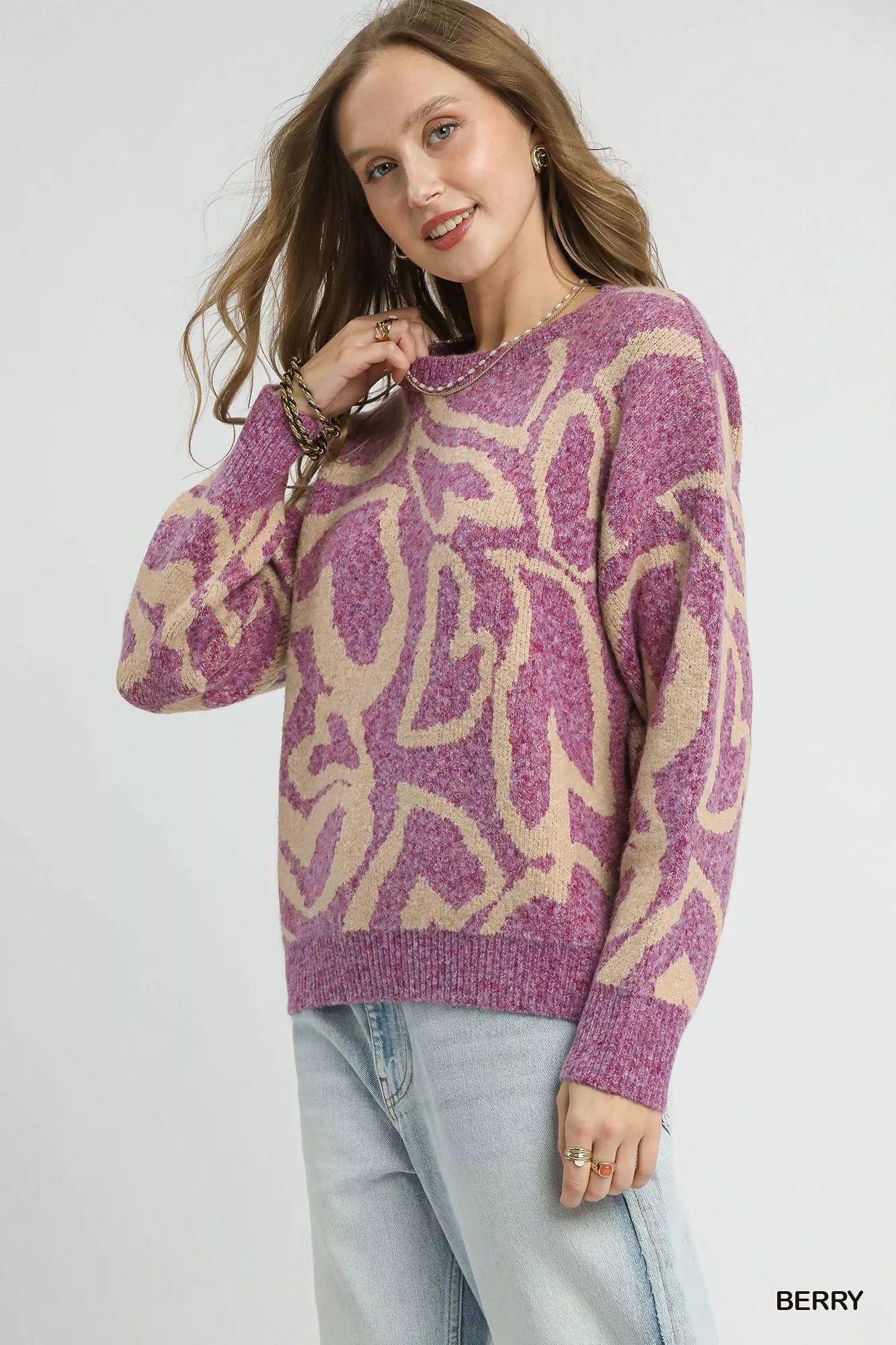 Umgee Ribbed Hem Contrast Dropped Shoulder Sweater Trendsi