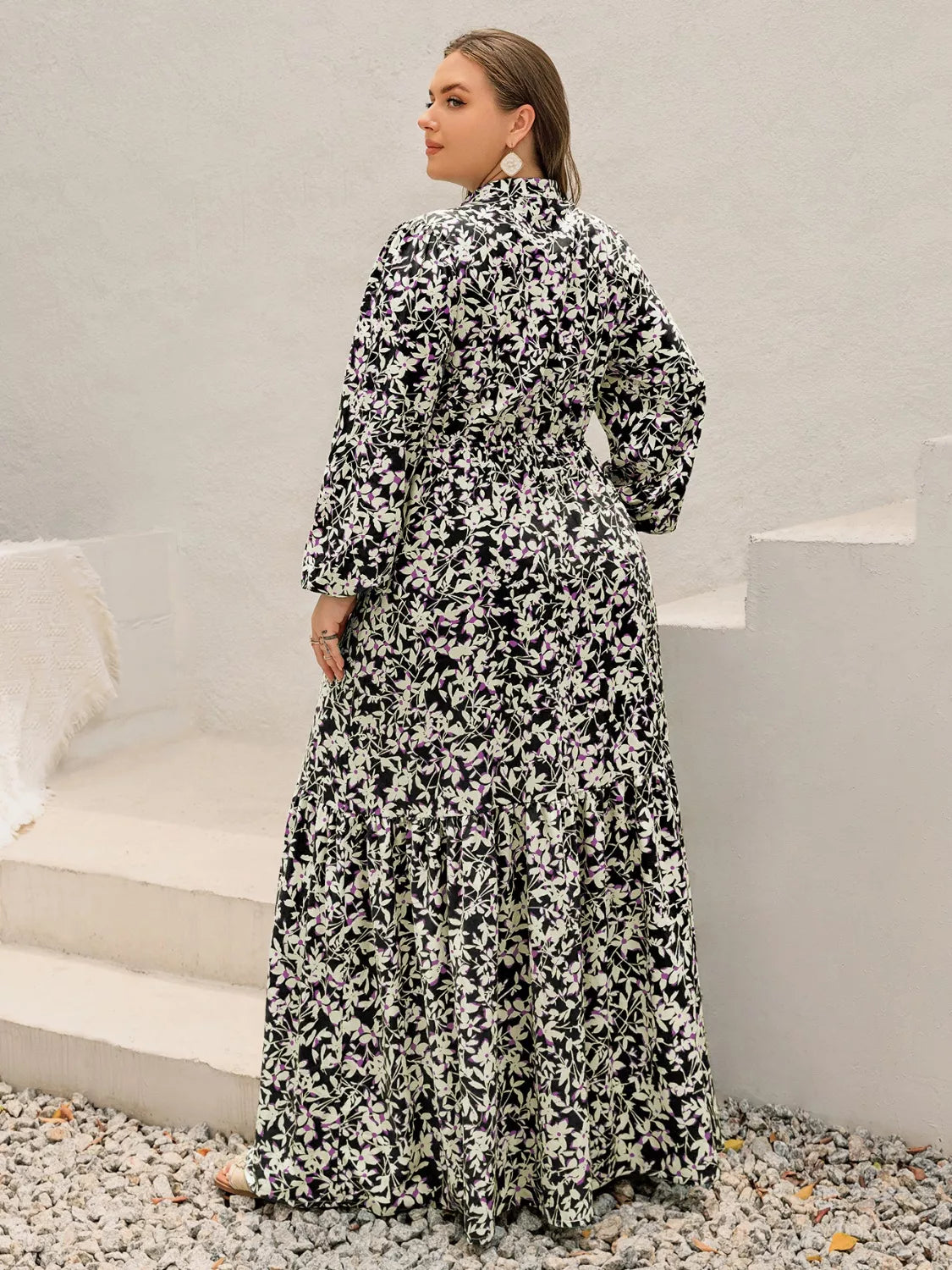 Plus Size Floral Print Long Sleeve Tiered Maxi Dress Trendsi