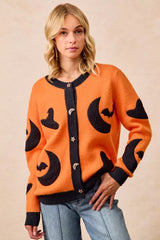 BiBi Halloween Witch Hat Moon Bat Artwork Cardigan ORANGE BLACK Trendsi