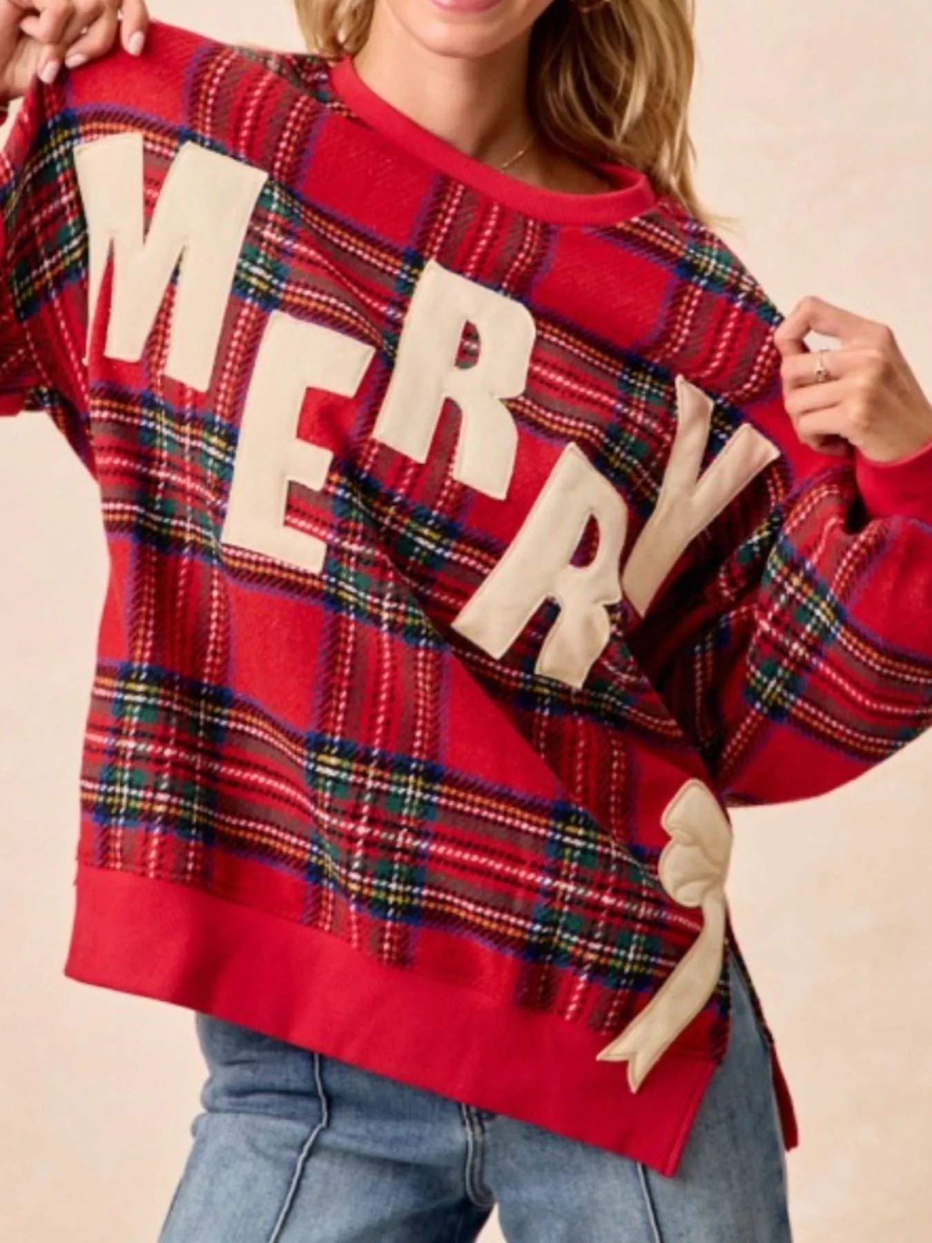 MERRY Bow Slit Crew Neck Christmas Sweatshirt OutfitFlow