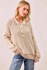 BiBi Half Button Ribbed Two Tone Sweater OutfitFlow