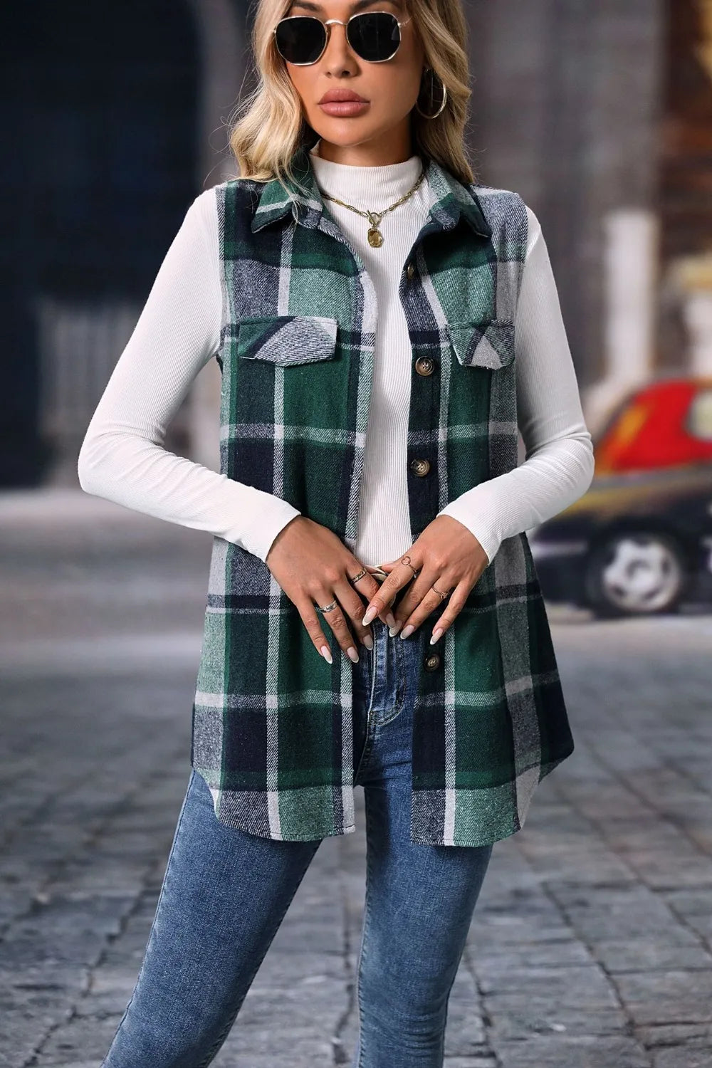 Plaid Button Up Vest Coat Trendsi