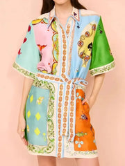 Printed Tie Waist Mini Shirt Dress OutfitFlow