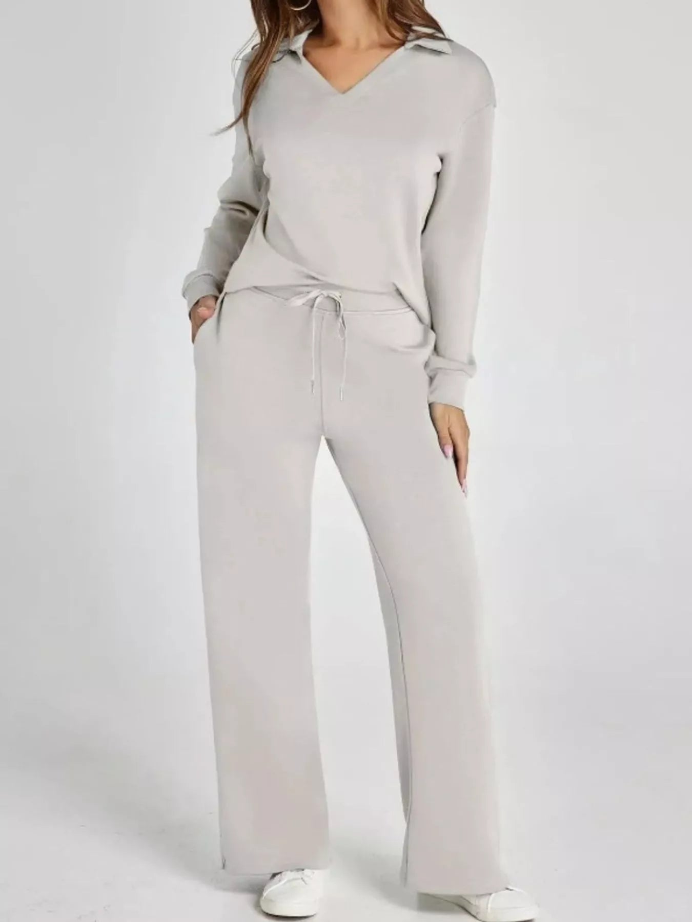 Full Size Johnny Collar Long Sleeve Top and Pants Plus Size Light Gray OutfitFlow