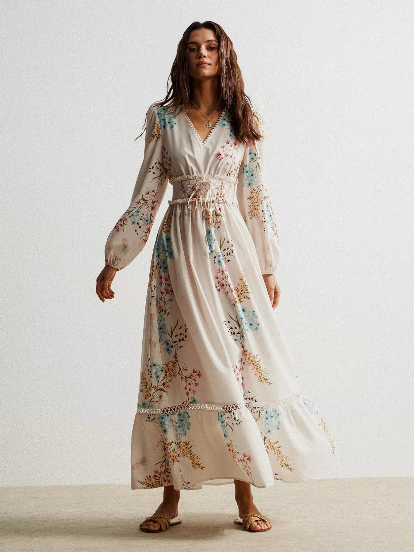 Floral Print Long Sleeve Maxi Dress with Smocked Waist OutfitFlow